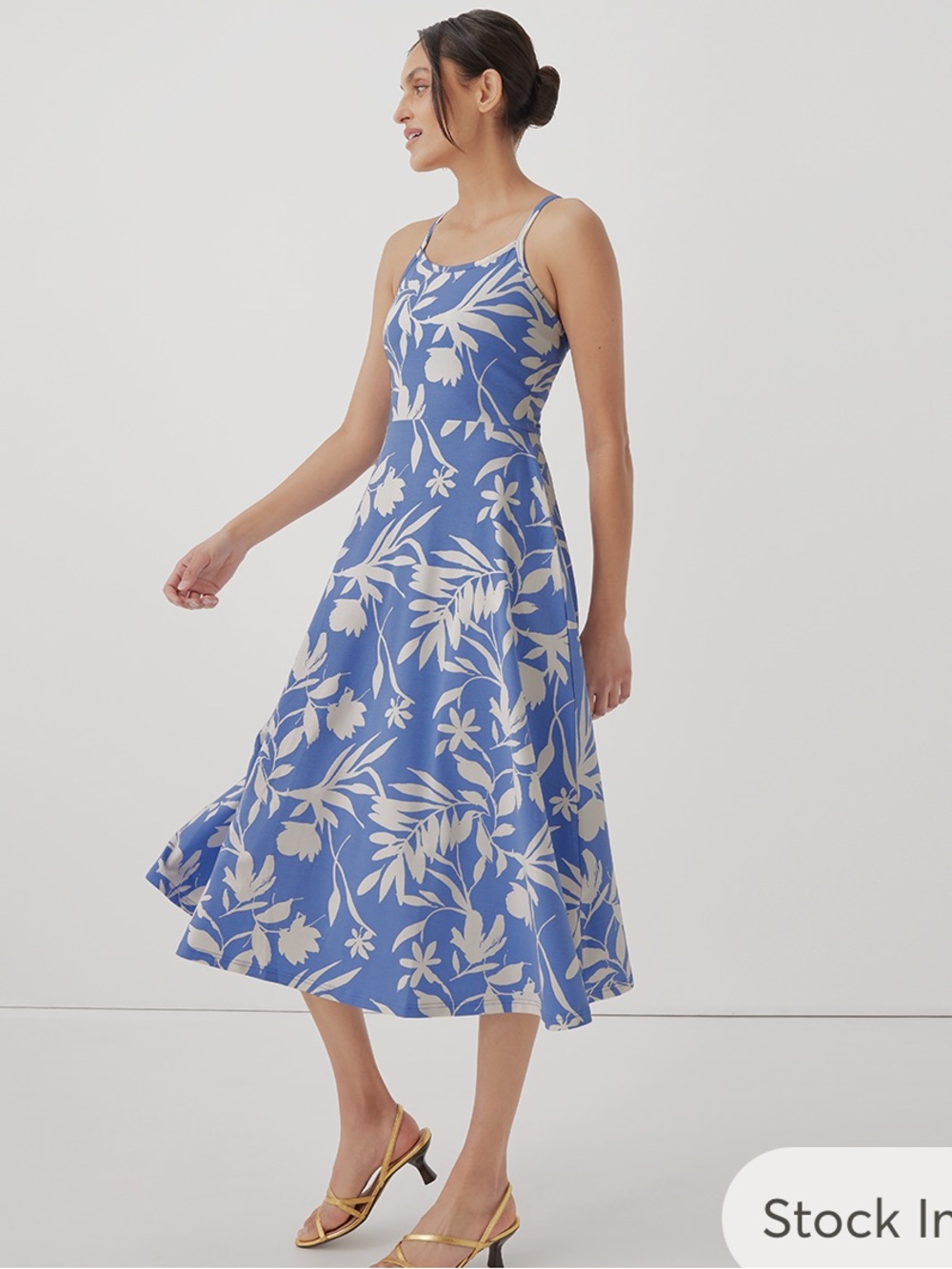 Pact Organic Fit & Flare Blue Floral Midi Dress with Spaghetti Straps